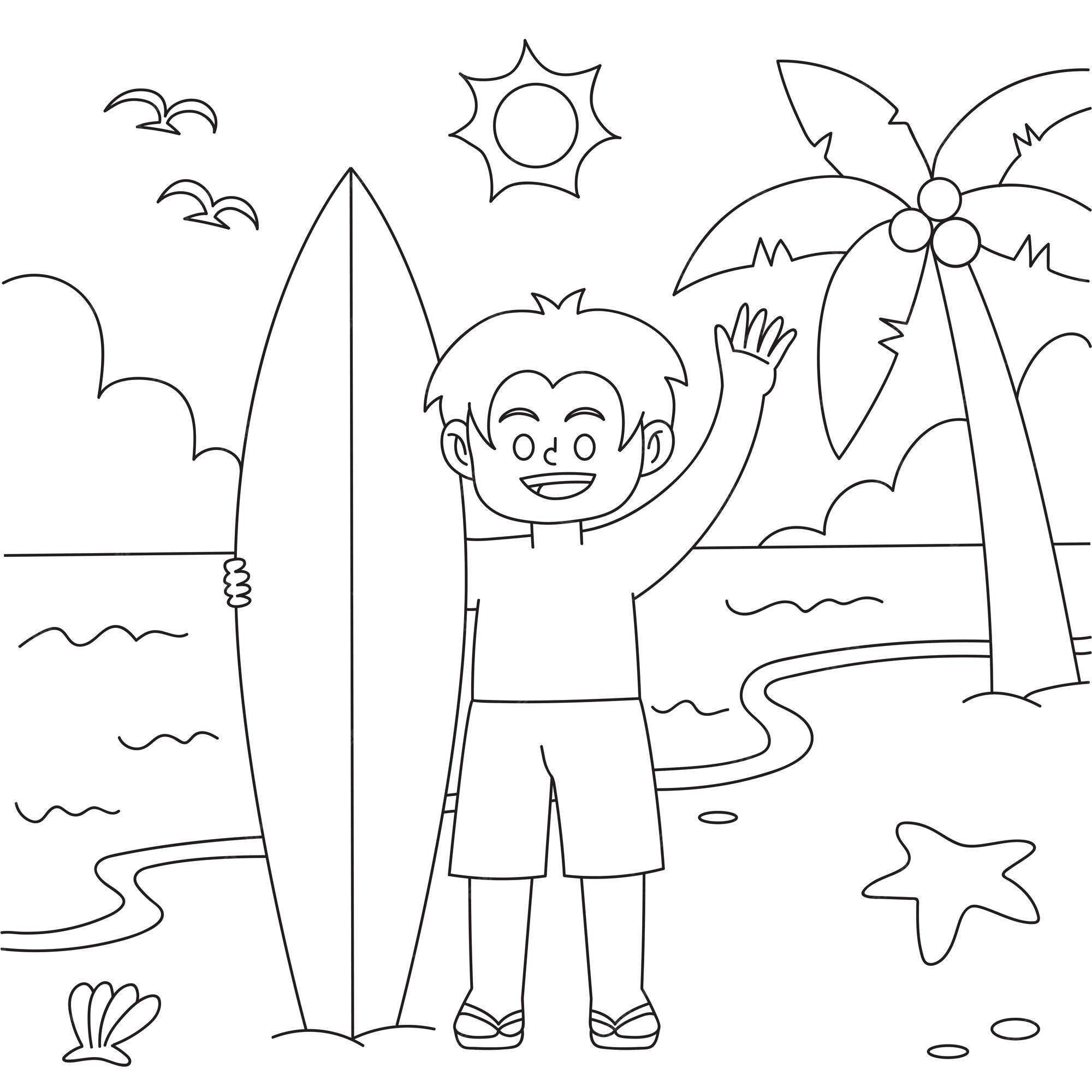 Premium vector little boy holding surfboard coloring page vector illustration