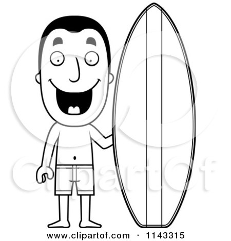 Cartoon clipart of a black and white summer man with a surf board