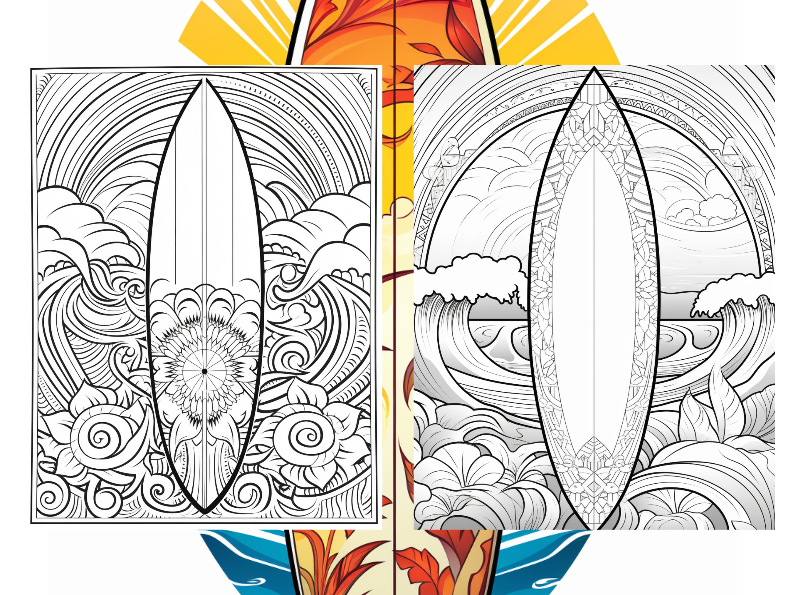 Patterned surfboard coloring pages adults and kids coloring book digital coloring sheets instant download printable pdf file download now