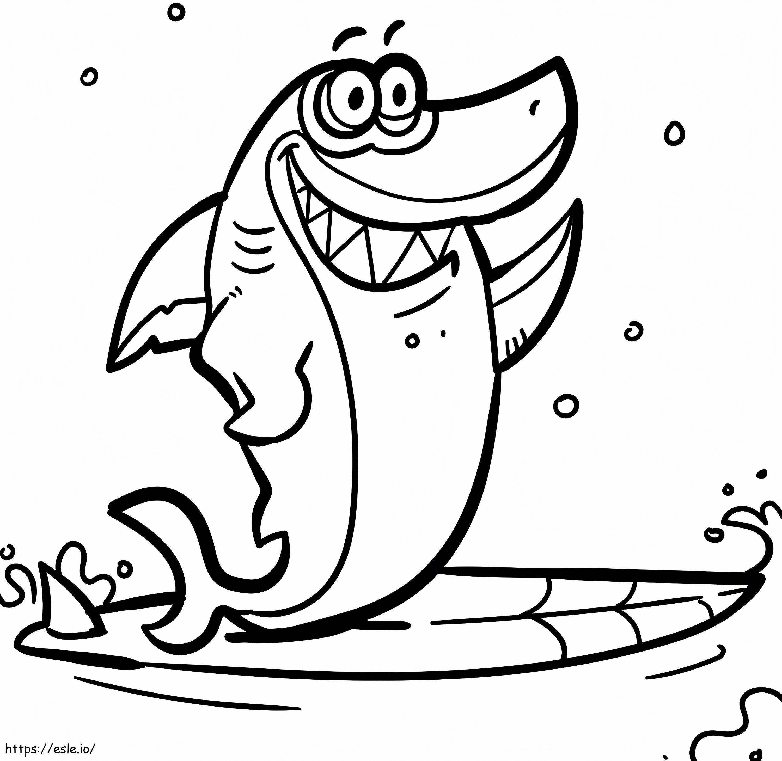 Shark on surfboard coloring page