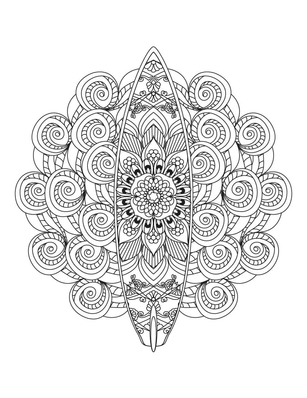 Summer beach surfboard mandala coloring page