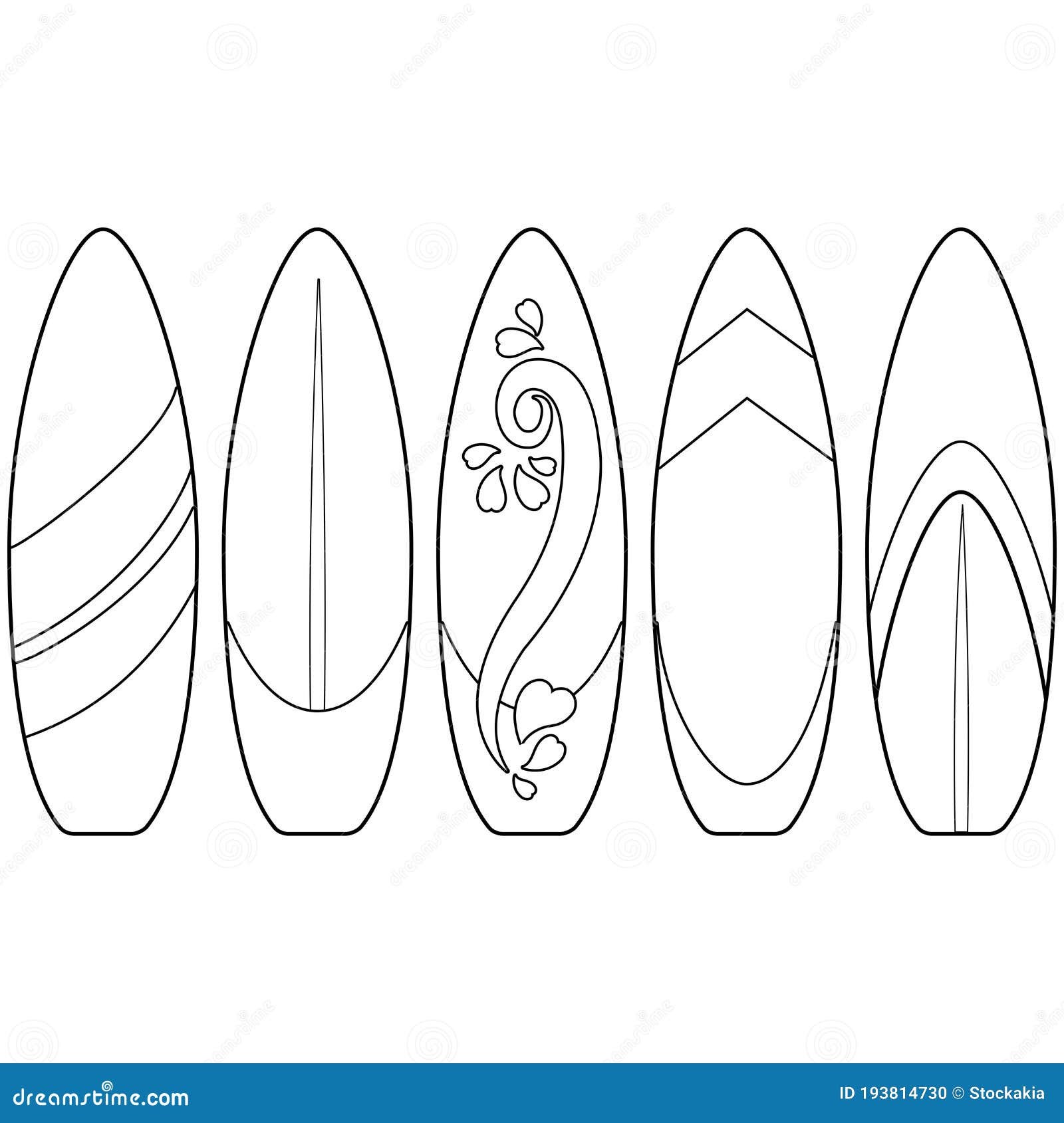 Surfboards collection vector black and white coloring page stock vector