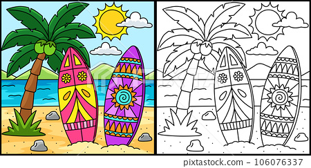 Surfboard summer coloring page illustration