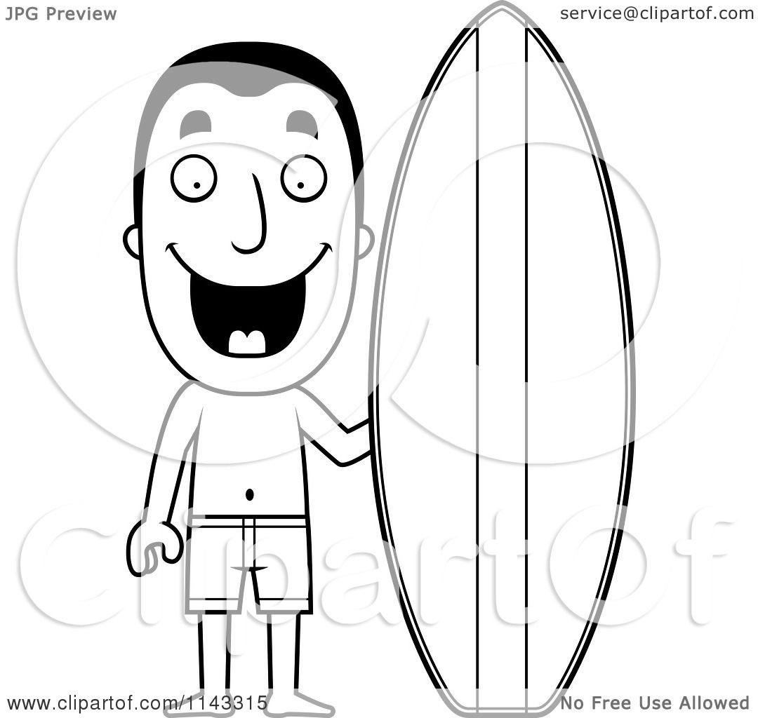 Cartoon clipart of a black and white summer man with a surf board