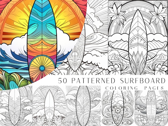 Patterned surfboard coloring pages adults and kids coloring book digital coloring sheets instant download printable pdf file download now