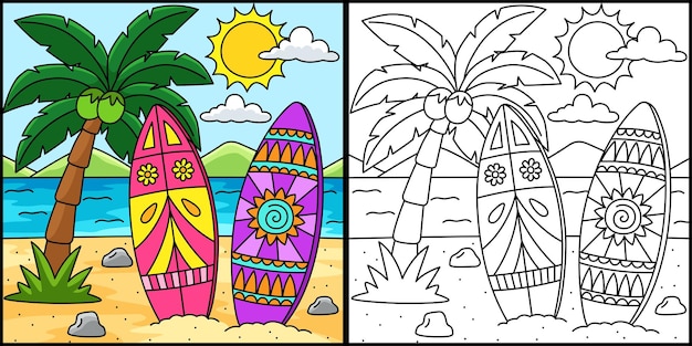 Premium vector this coloring page shows a surfboard summer one side of this illustration is colored and serves as an inspiration for children