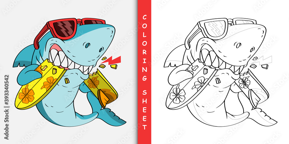 Cartoon angry shark bite surfboard coloring sheet vector