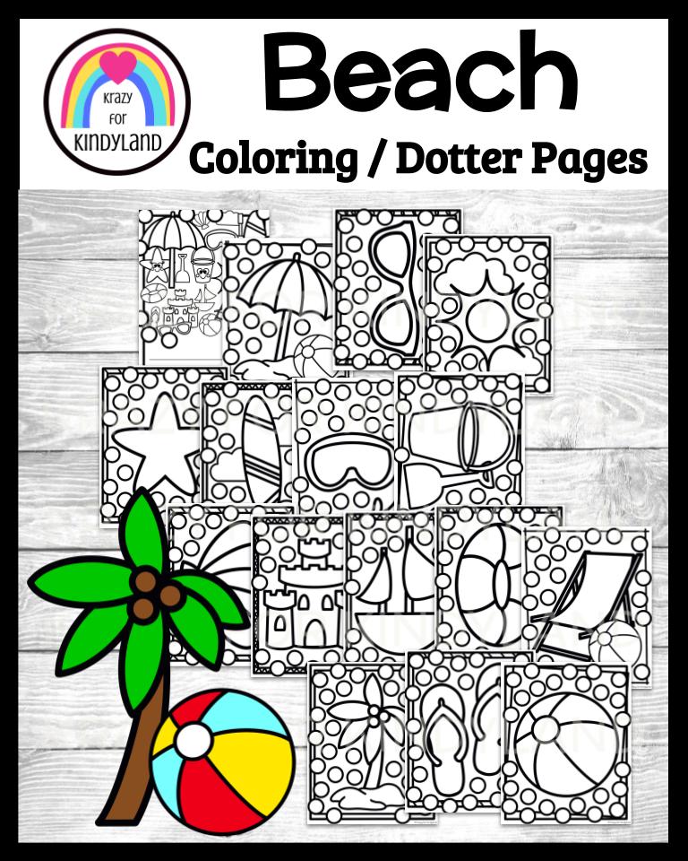 Beach coloring dauber page booklet for summer sun palm tree surfboard