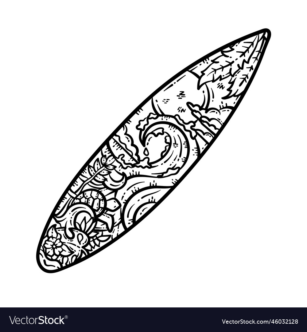 Summer surfing board line art coloring page vector image