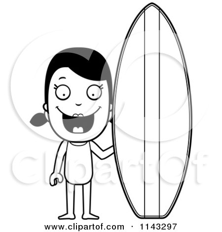 Cartoon clipart of a black and white summer girl with a surf board