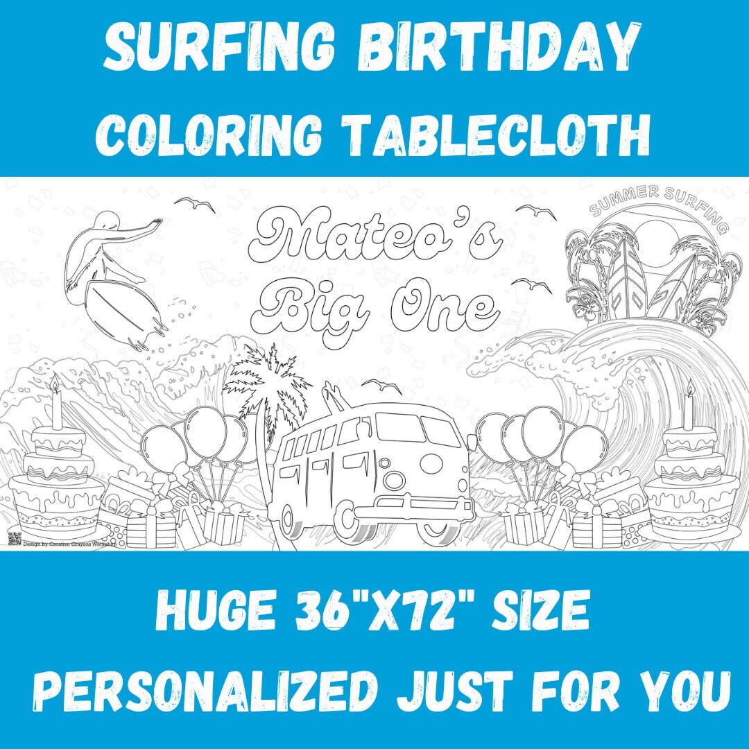 Surfer birthday party personalized coloring tablecloth beach birthday banner big one first birthday decor x coloring poster