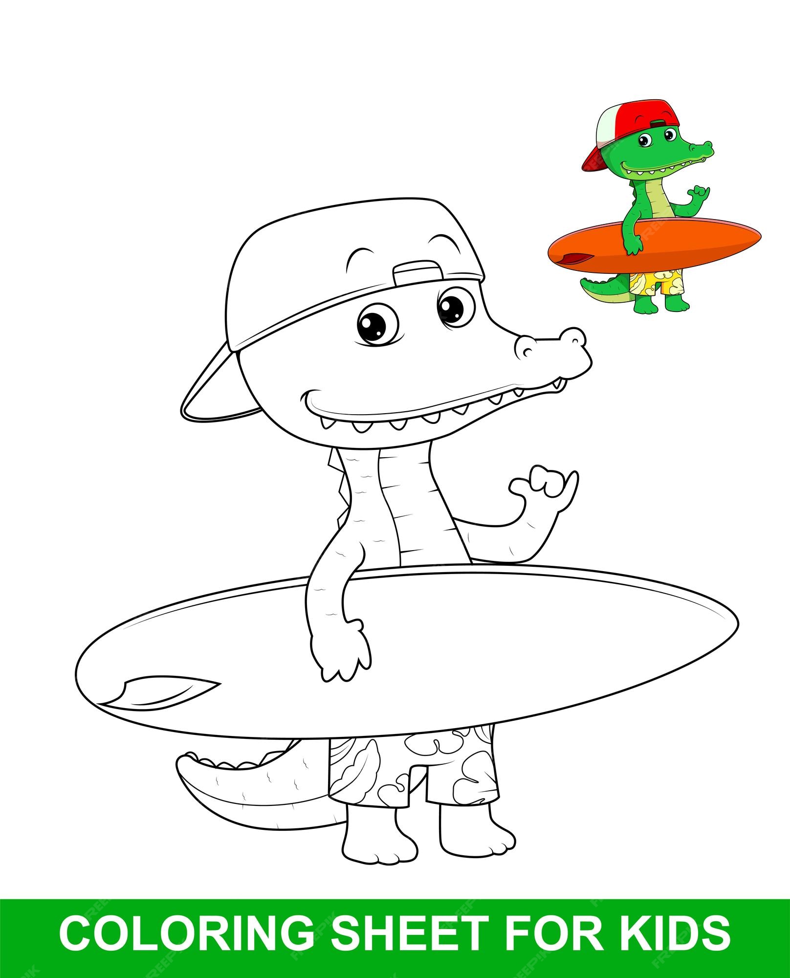 Premium vector cute crocodile surfing coloring sheet for kids