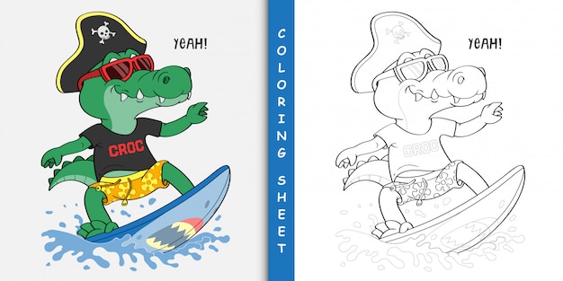 Premium vector cartoon crocodile surfing coloring sheet