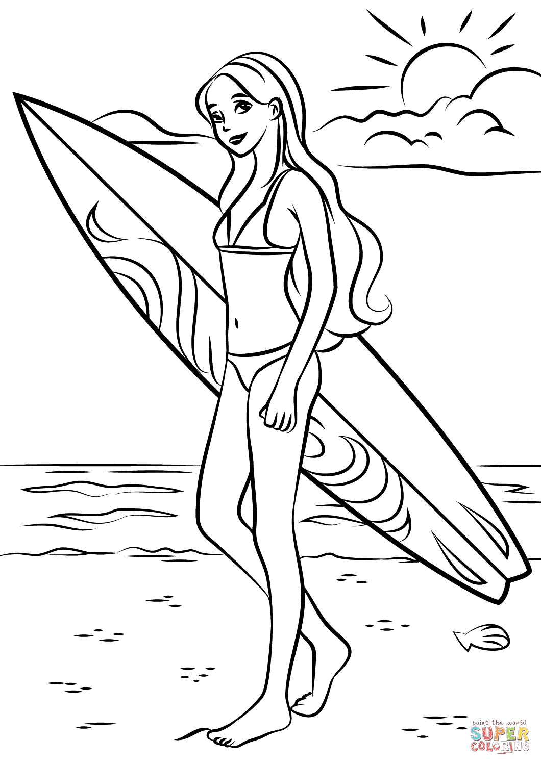 Barbie surfer coloring page free printable coloring pages