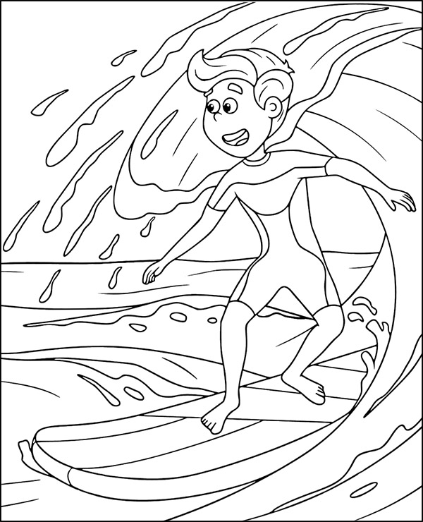 Surfing coloring page with a surfer