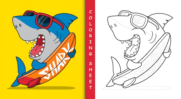 Premium vector cool surfer shark coloring sheet