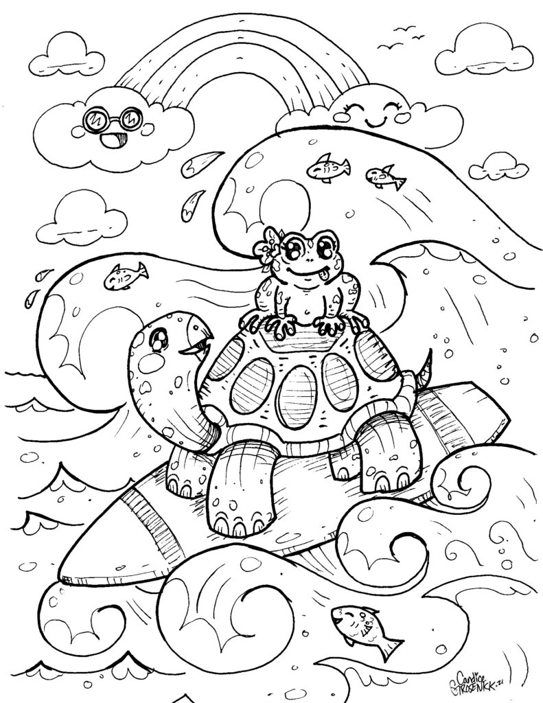 Surfing turtle colouring sheet scyap