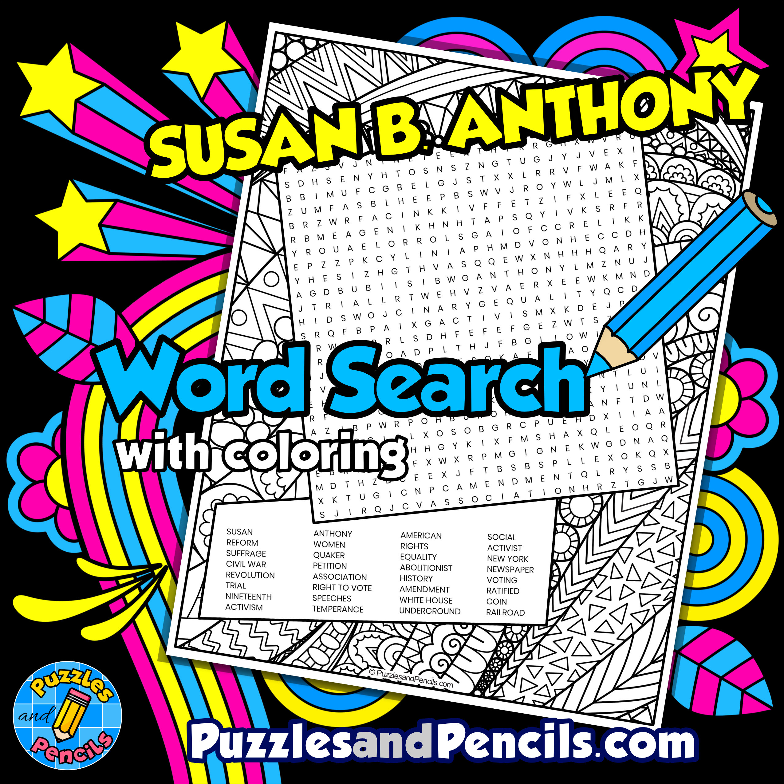 Susan b anthony word search puzzle activity page with coloring womens history month wordsearch made by teachers