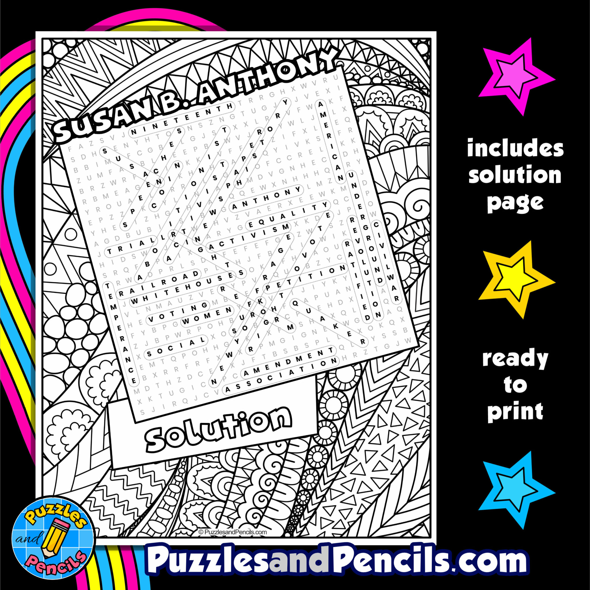 Susan b anthony word search puzzle activity page with coloring womens history month wordsearch made by teachers