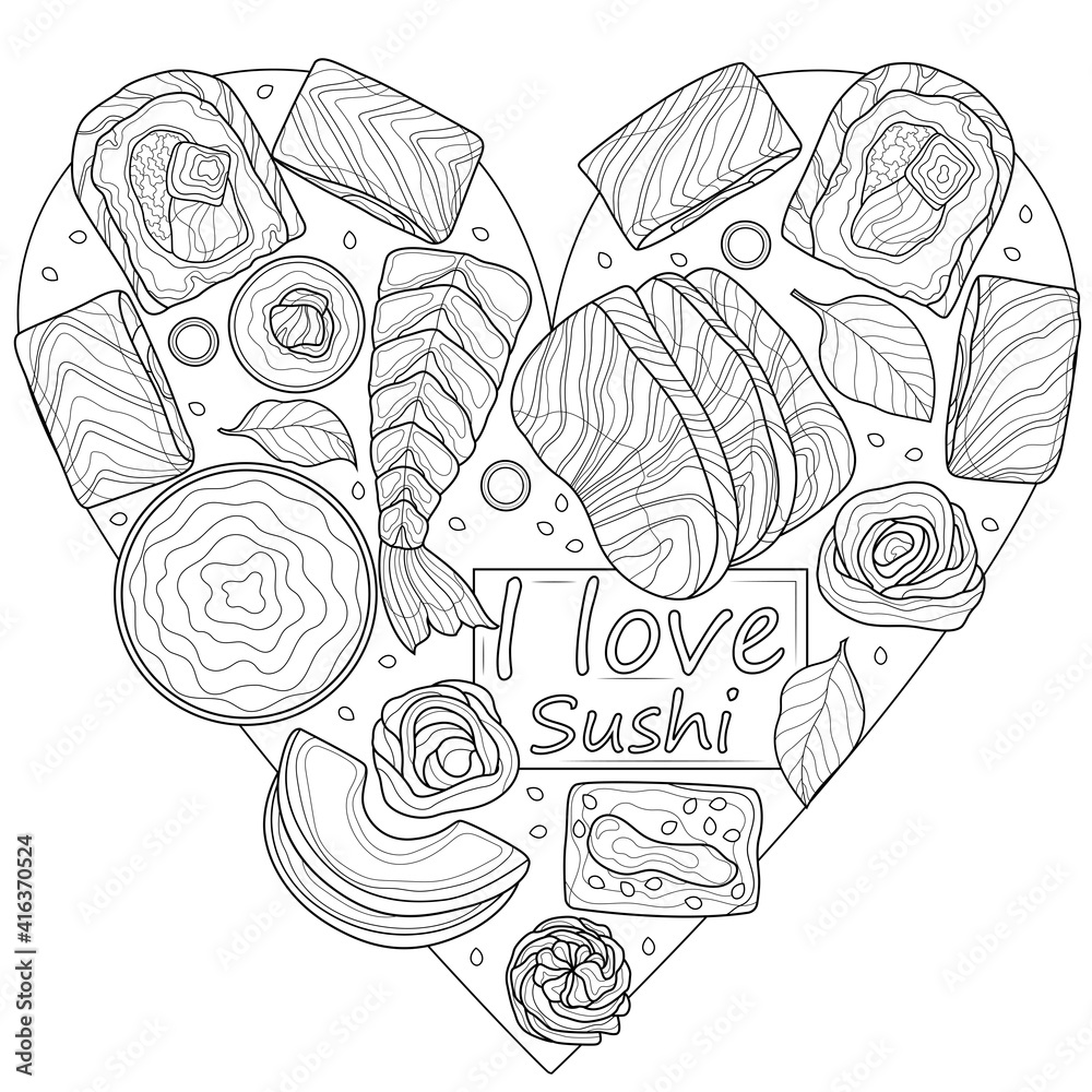 Sushi set in the shape of a heartfoodcoloring book antistress adults illustration isolated on white backgroundblack and white drawing vector