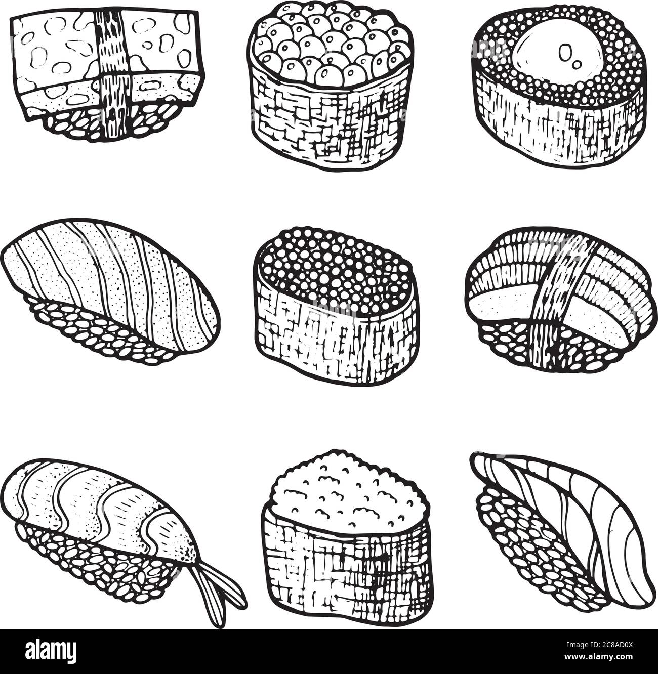 Sushi set collection coloring page for adult book vector doodl stock vector image art