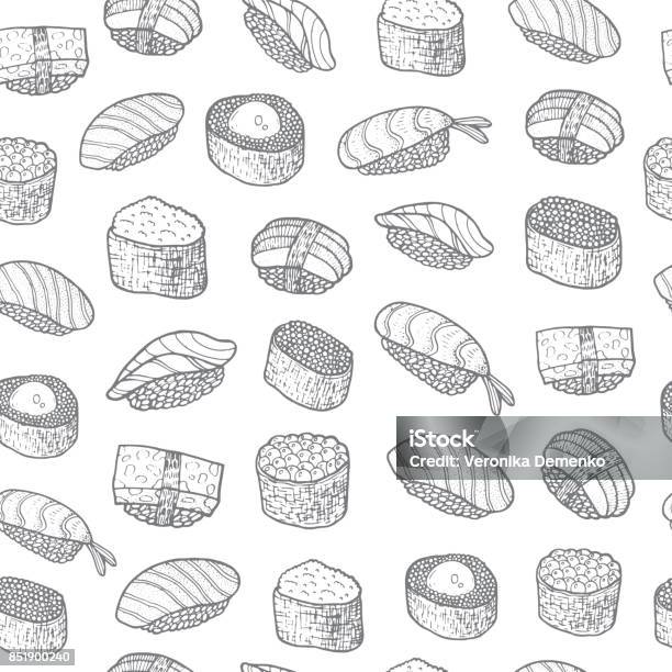 Sushi set pattern asian food japanese cooking coloring page for adult book vector doodle graphic hand drawn art stock illustration