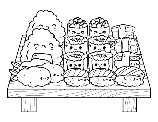 Printable kawaii sushi coloring page