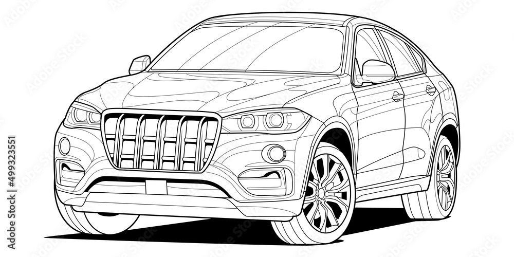 Coloring page contouring for book and drawing concept vector illustration offroad drive vehicle graphic element car wheel black contour sketch illustrate isolated on white background