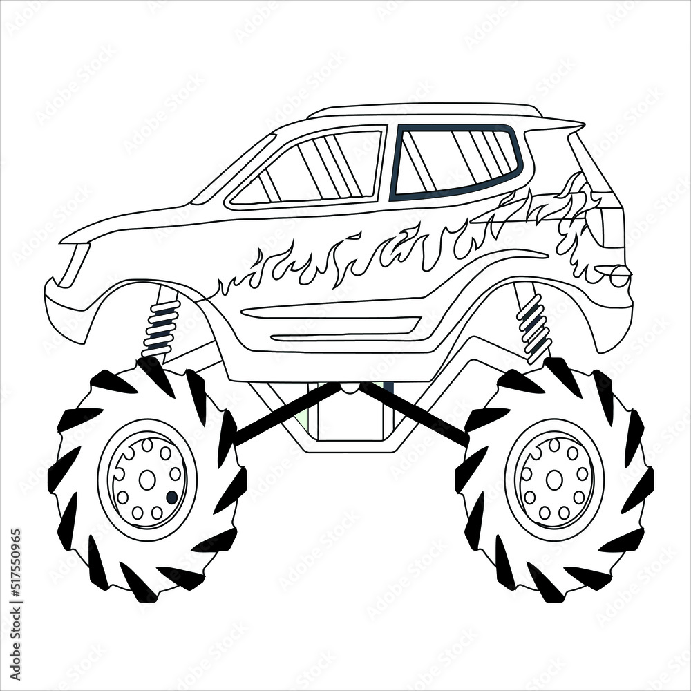 Cartoon funny car vector monster truck coloring page modern car vector illustration of business car luxury life technology concept car line art coloring book page for kids