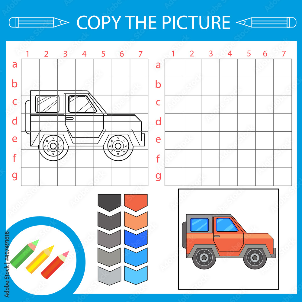 Copy the picture activity page for book draw using grid lines coloring tutorial with a cartoon car suv children funny education riddle entertainment kids art game vector illustration