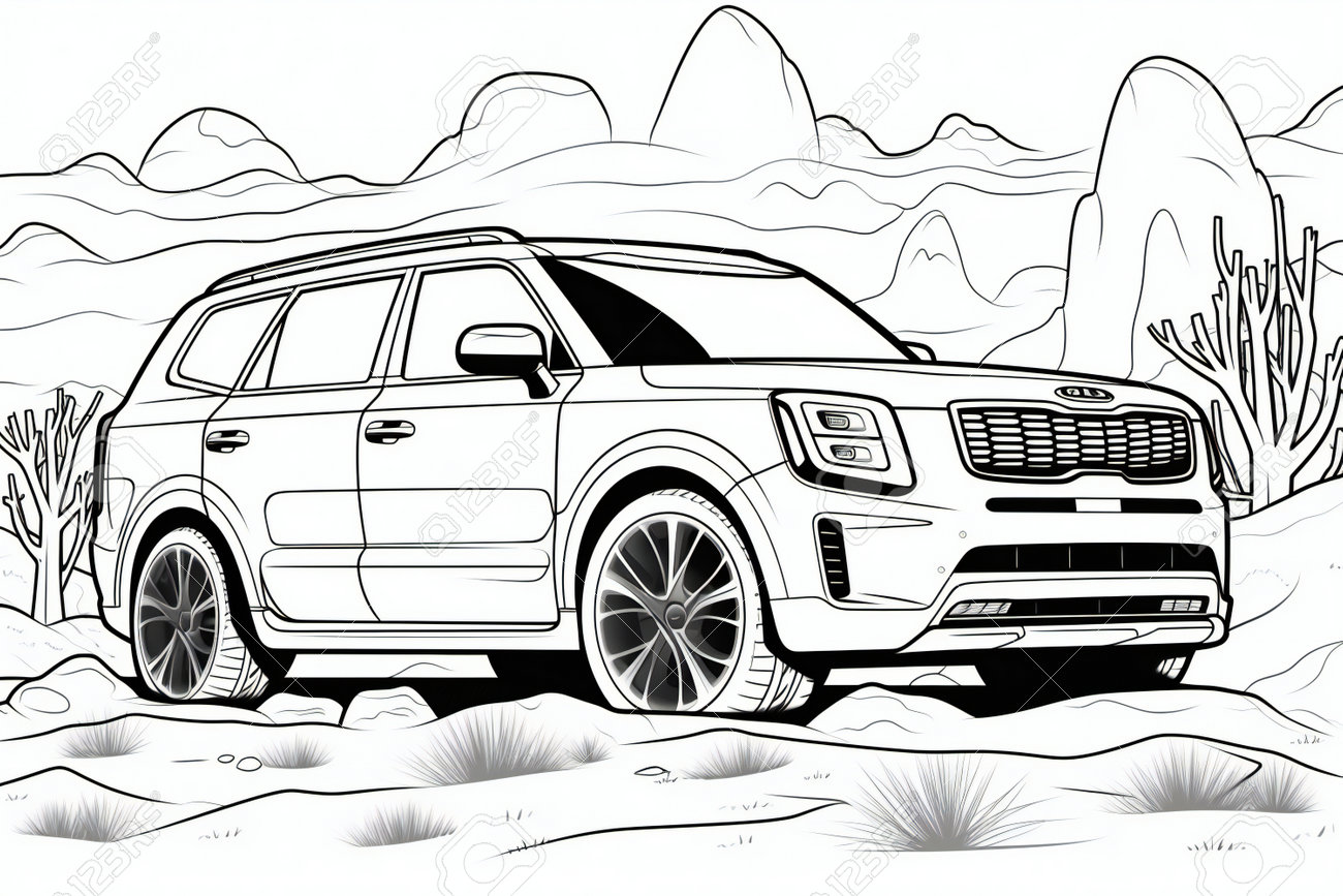 Suv in the desert illustration for coloring book or page stock photo picture and royalty free image image