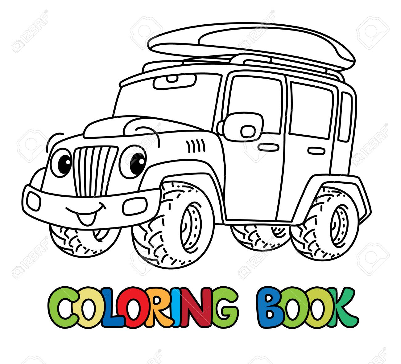 Offroader or suv coloring book for kids small funny vector cute car car with eyes and mouth children vector illustration royalty free svg cliparts vectors and stock illustration image