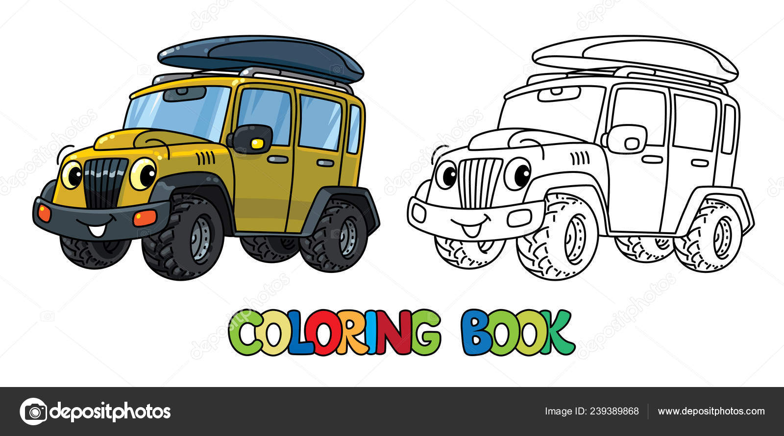 Funny car or offroader with eyes coloring book stock vector by passengerz