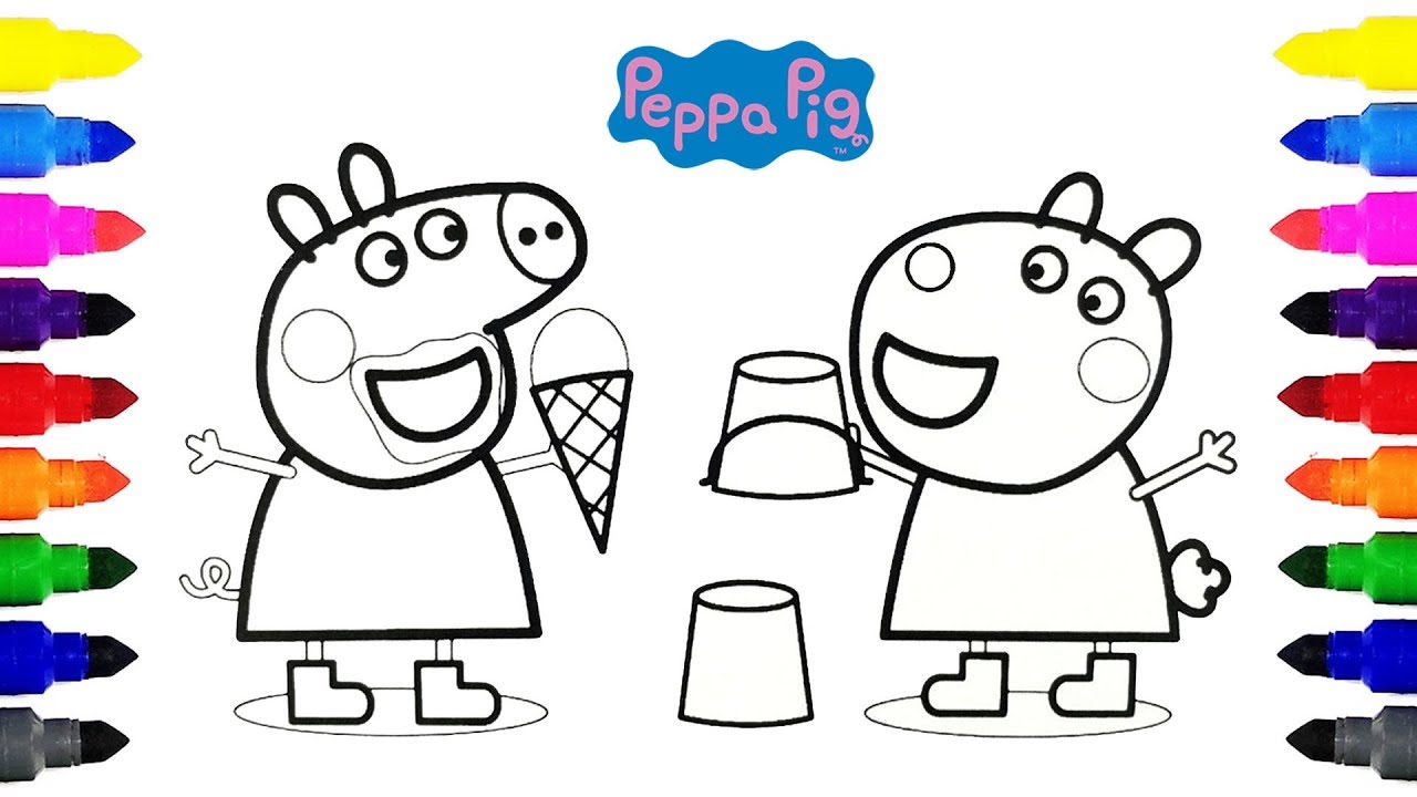 Peppa pig and suzy sheep playing coloring pages for kids