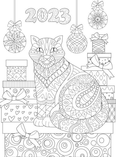 Coloring book page a smiling cat sits on a stack of gift boxes happy new year black and white vector illustration of a cat