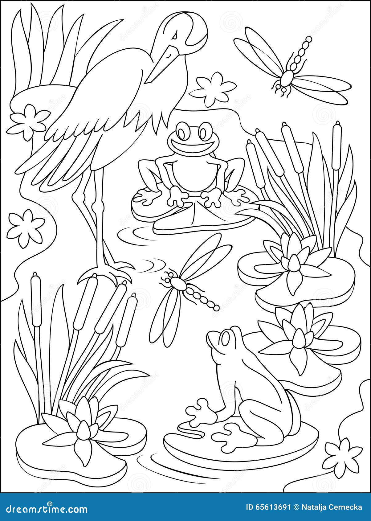 Page with black and white illustration of swamp for coloring stock vector