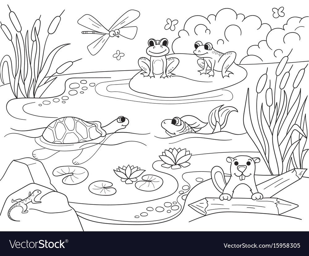 Wetland landscape with animals coloring royalty free vector