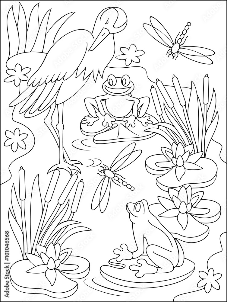 Page with black and white illustration of swamp for coloring developing children skills for drawing vector image vector