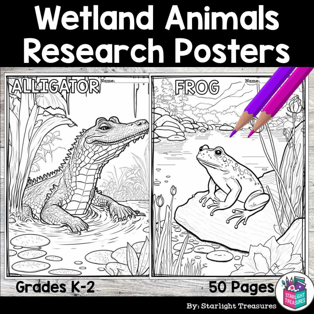 Wetland animals research posters coloring pages