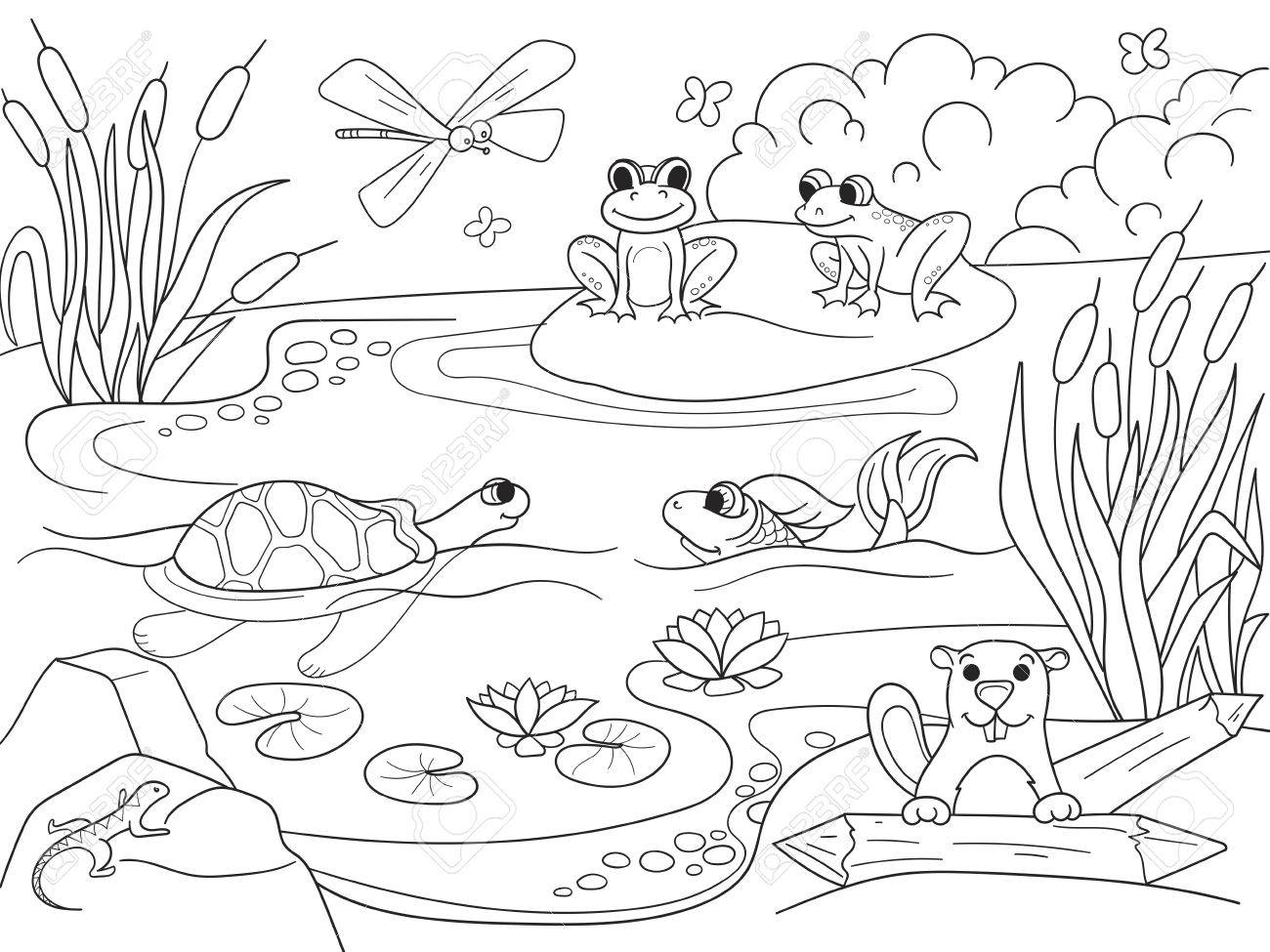 Wetland landscape with animals coloring vector for adults royalty free svg cliparts vectors and stock illustration image