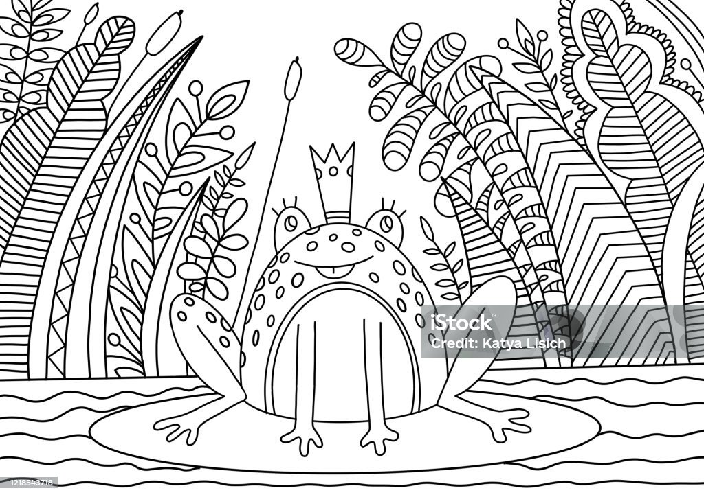 Princess frog in a swamp coloring book for children and adults stock illustration