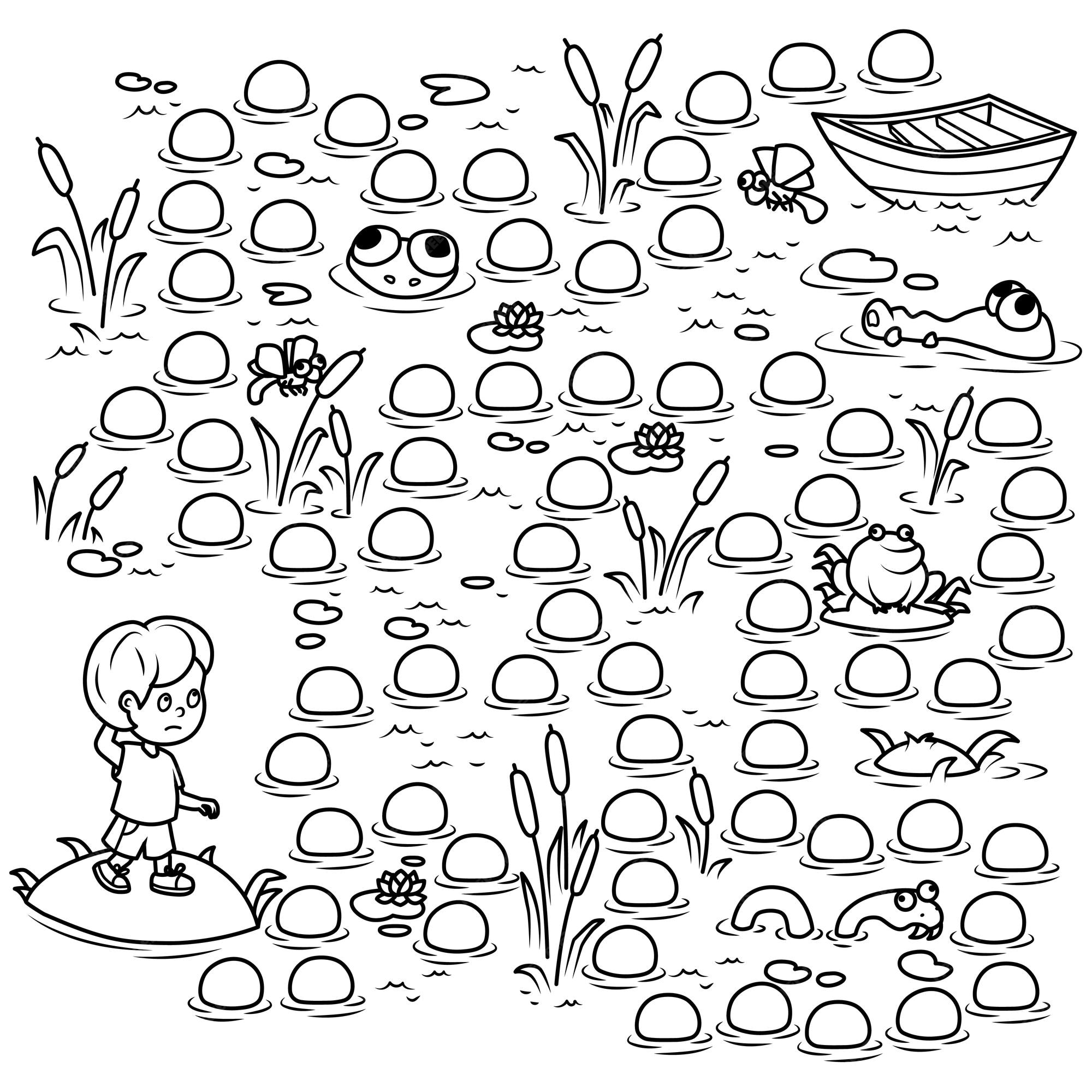 Premium vector coloring page outline of the swamp through which the boy must be led