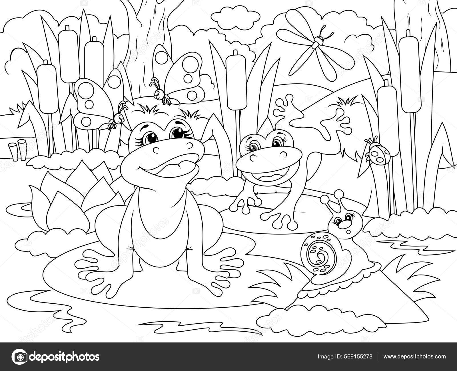 Two funny frogs in the swamp nature forest insects animals cartoon coloring page outline of cartoon stock illustration by toricheksgmail