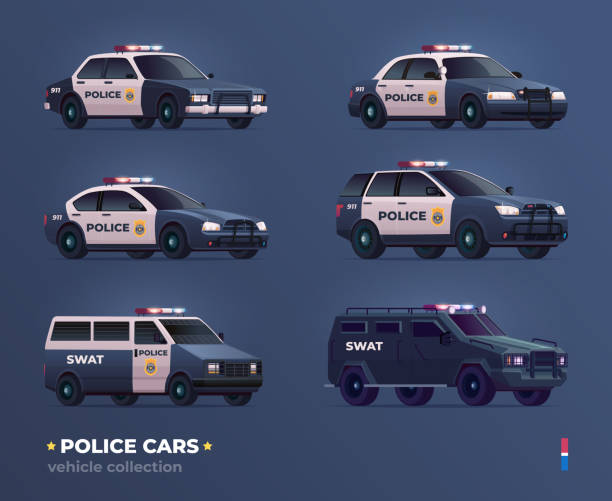 Collection of police cars of various types city urban police car van suv pursuit and swat truck stock illustration