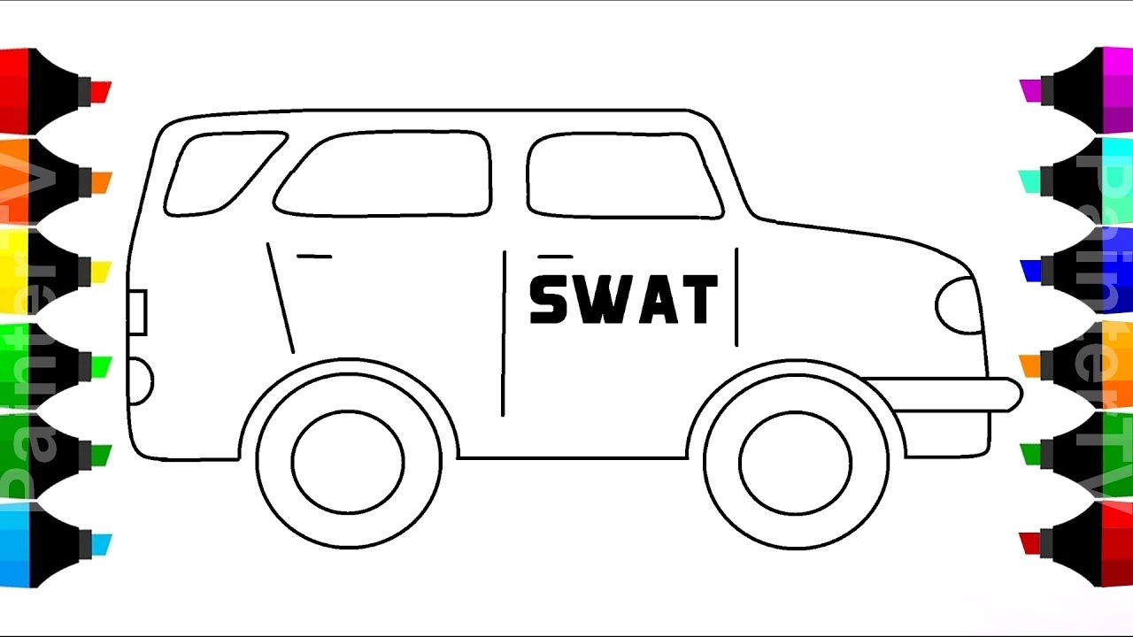 Police car swat coloring pages learn colors for kids coloring vehicles video