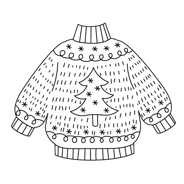 Premium vector christmas knitted sweater doodle style vector illustration isolated on white coloring page