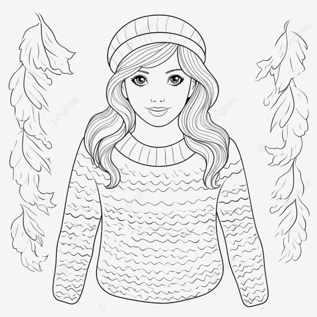 Coloring page women knitted sweater autumn winter vector illustration cute girl cartoon drawing line illustration png transparent image and clipart for free download