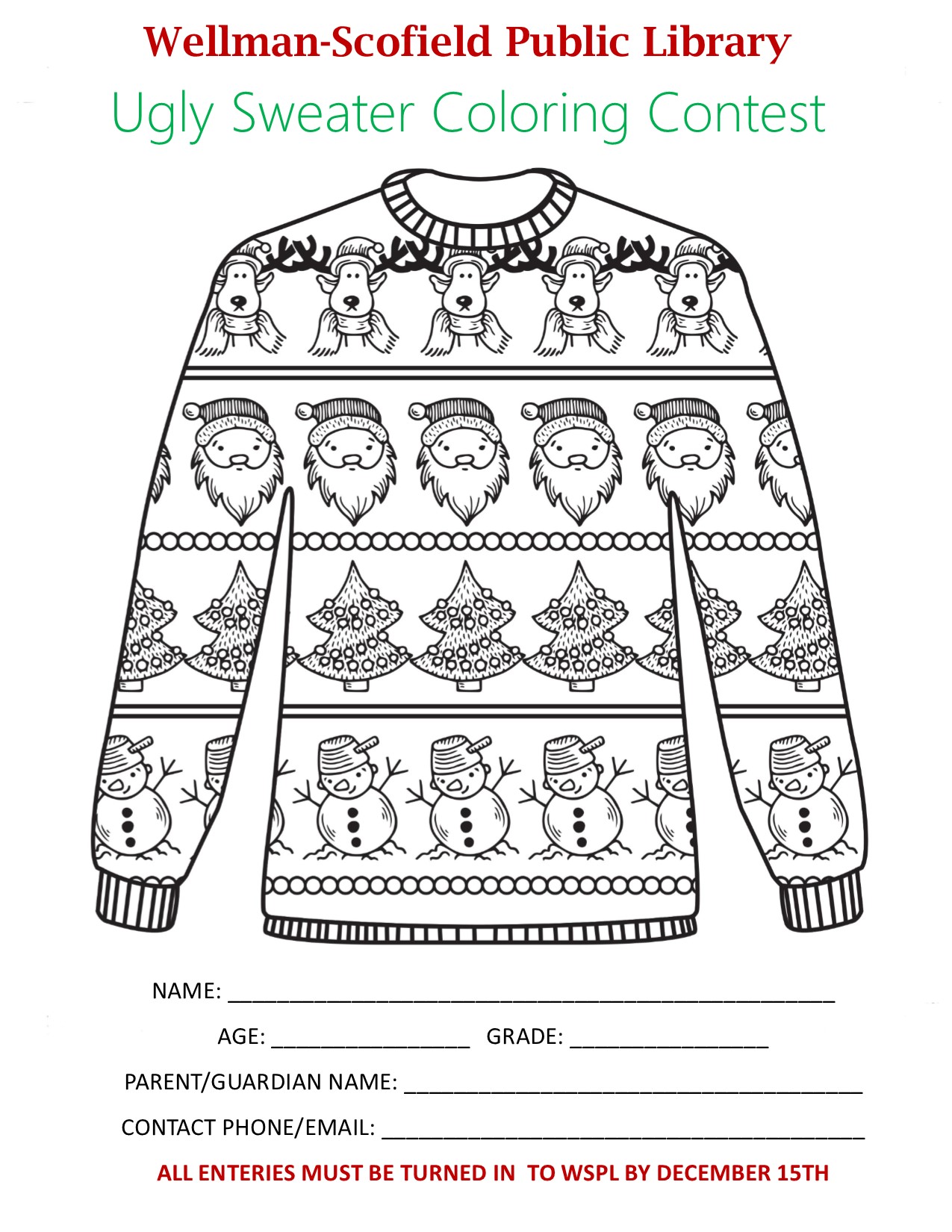 Ugly sweater coloring contest â wellman public library