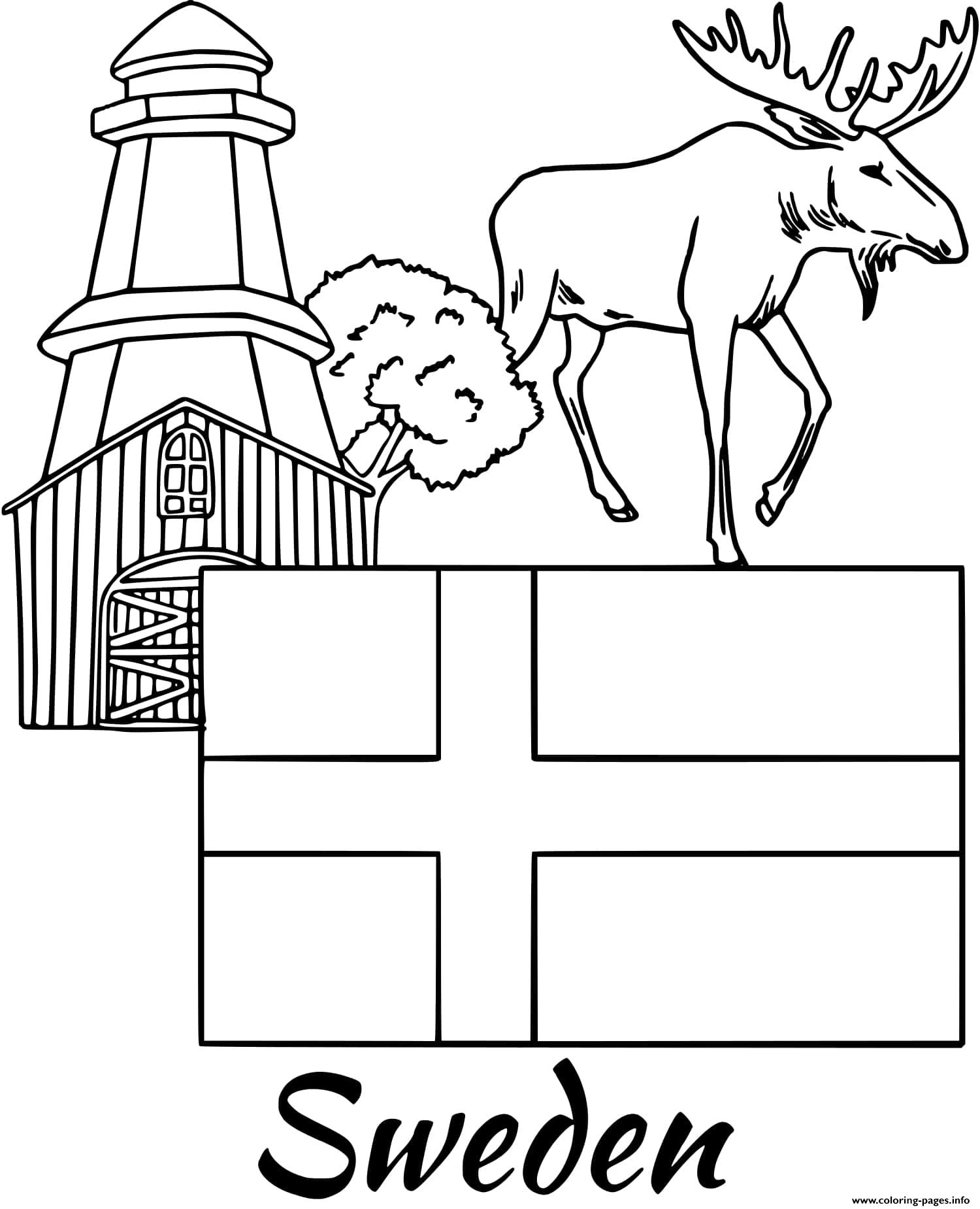 Sweden flag moose coloring page printable