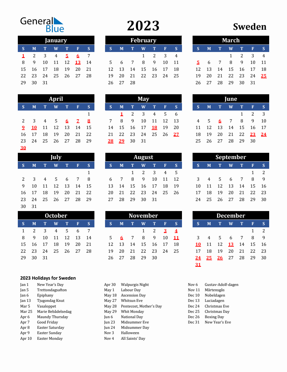 Sweden holiday calendar